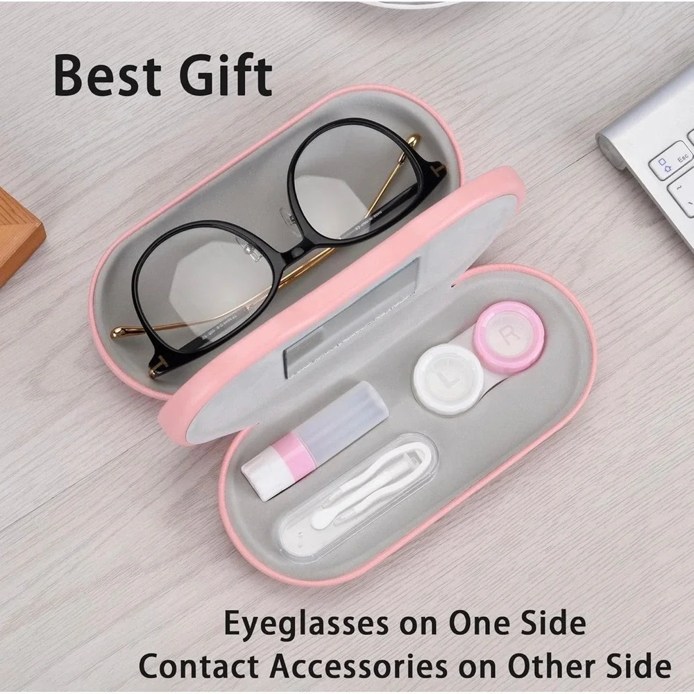 Pink 2-in-1 Dual Eyeglass and Contact Lens Case Travel Kit with Mirror and Tools